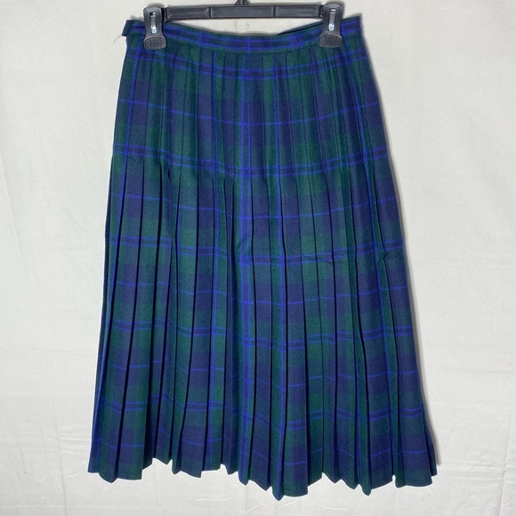 Vintage Bianca Green Blue Plaid Pleated Wool Midi Skirt M - Picture 2 of 14
